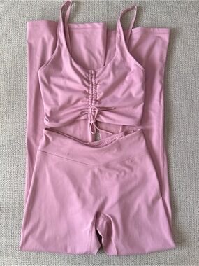 PINK Women’s Light Pink Ruched Crop Top & High-Waist Flare Leggings Set